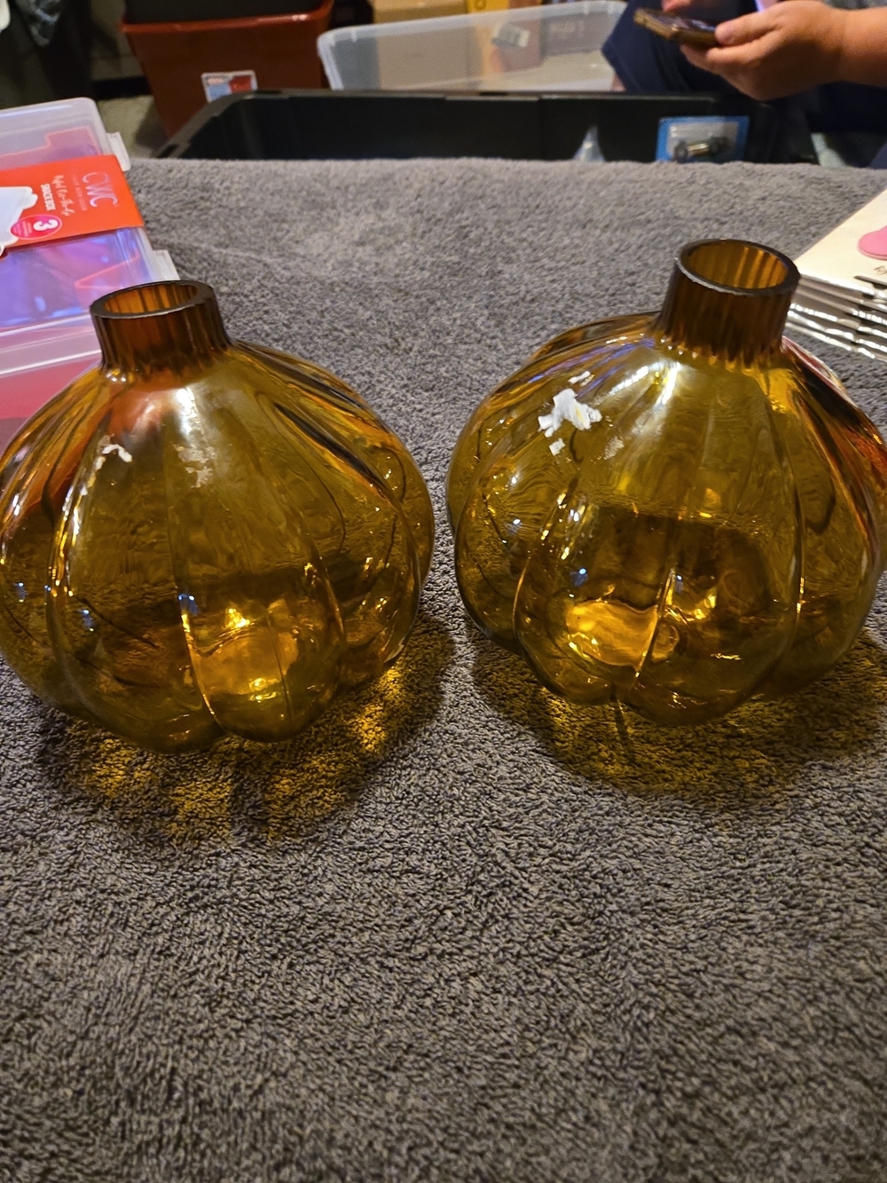 Room Essentials Amber Glass Ribbed Pumpkin Vase Pair #442